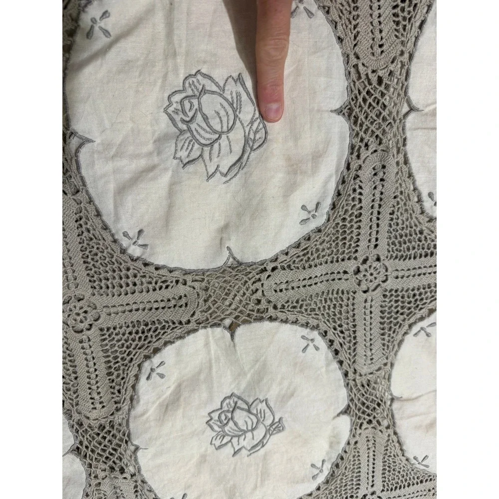 Vintage Antique Tablecloth Cotton Madeira With filet & Crochet lace LINEN E3-5